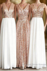Rose Gold Sequin White Chiffon V Neck Sexy Long Elegant Simple Semi Formal Dress